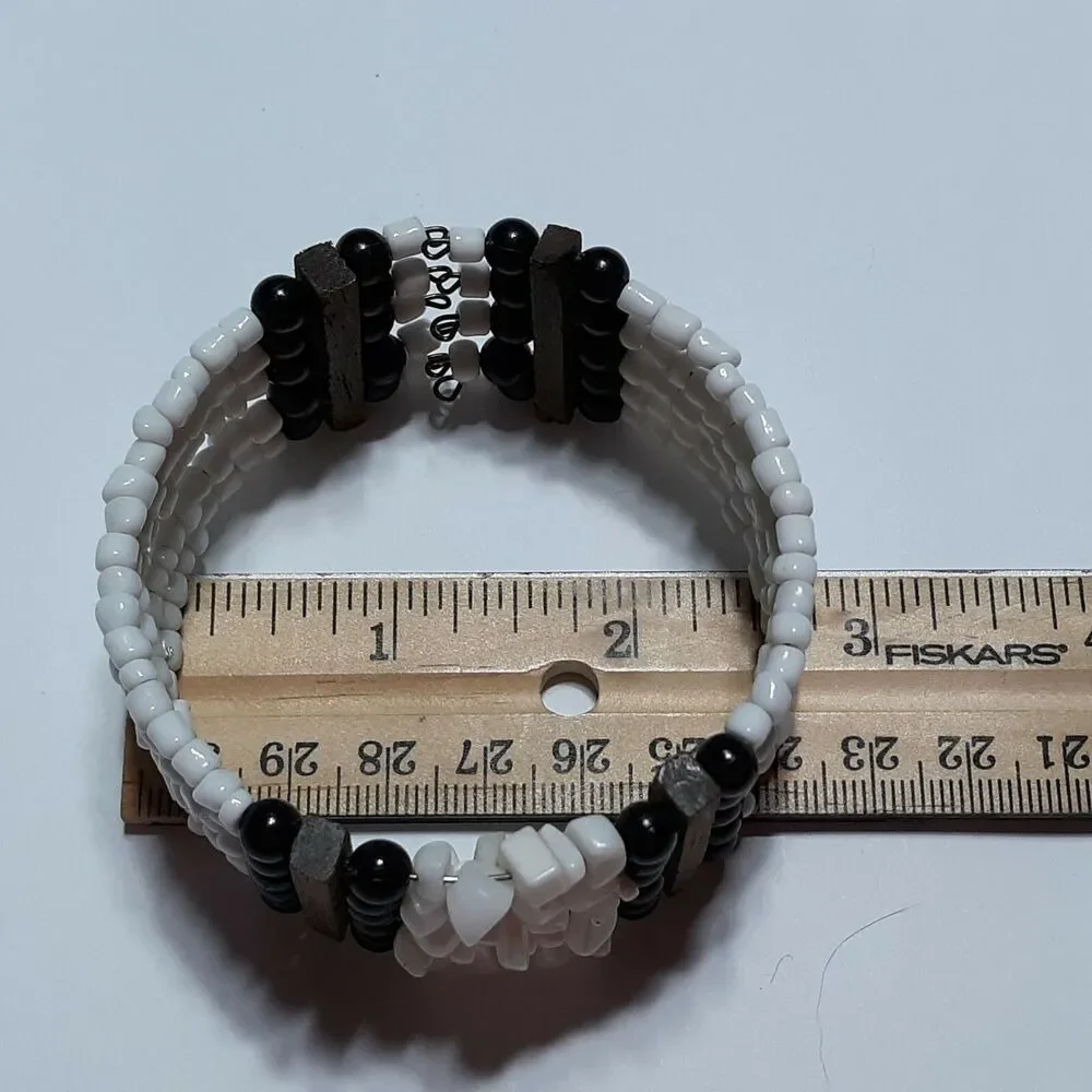 Large Stretch Cuff Bracelet Beach Ocean Tropical Vacation White Brown Black Bead